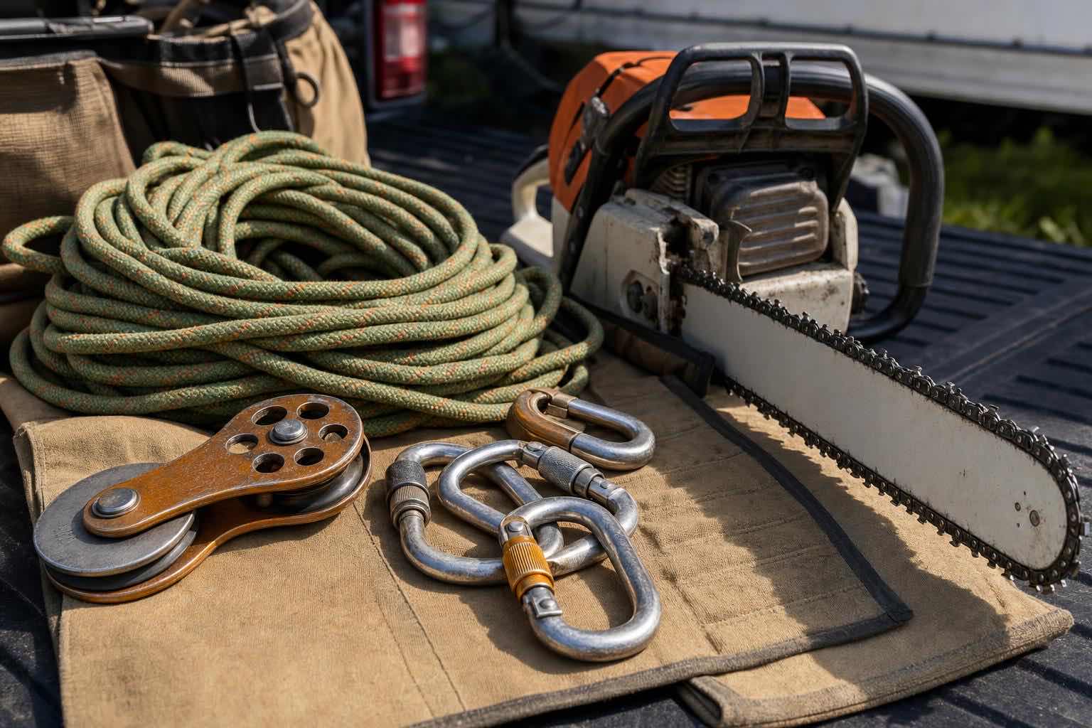 Rigging and climbing equipment staged before a removal