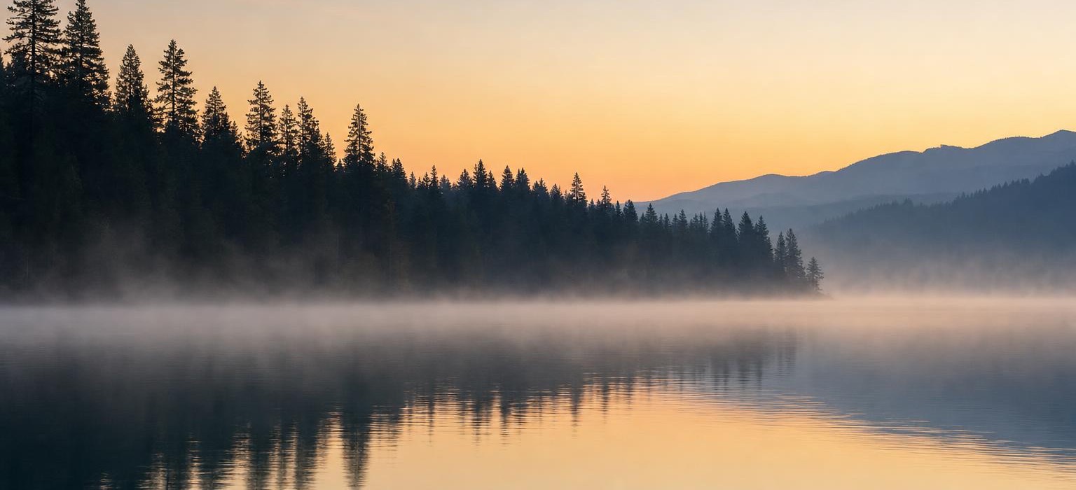 Lake Coeur d'Alene shoreline framed by pine branches