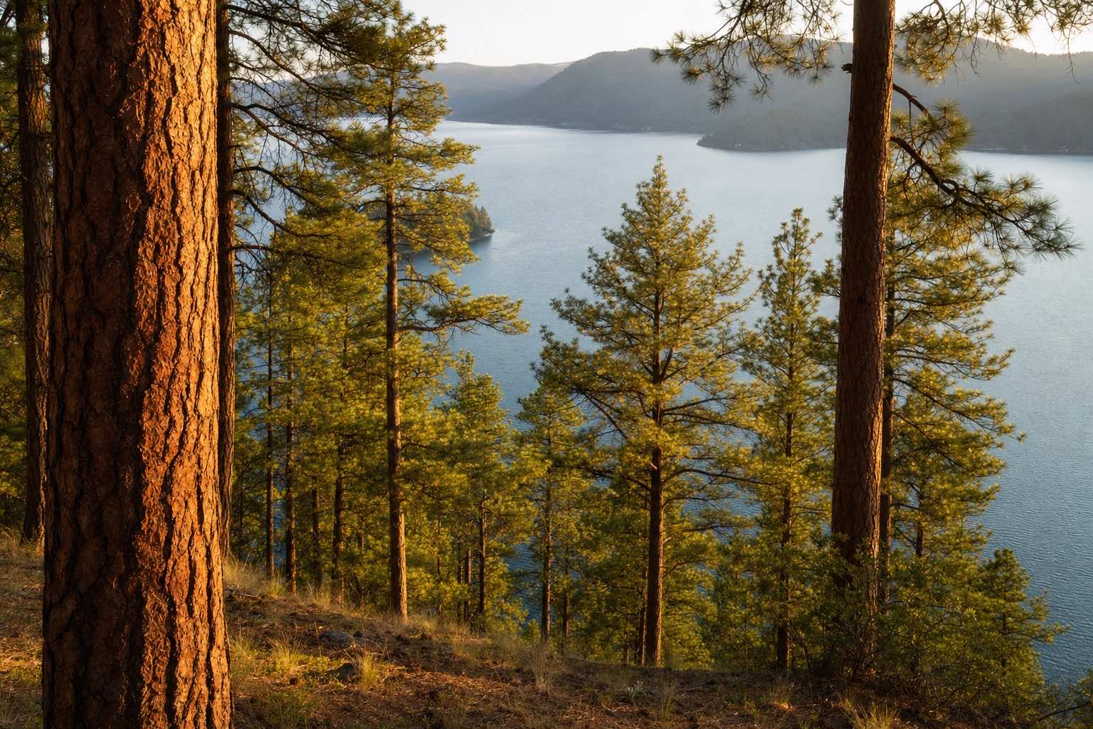 Morning light over Lake Coeur d'Alene through a stand of ponderosa pine