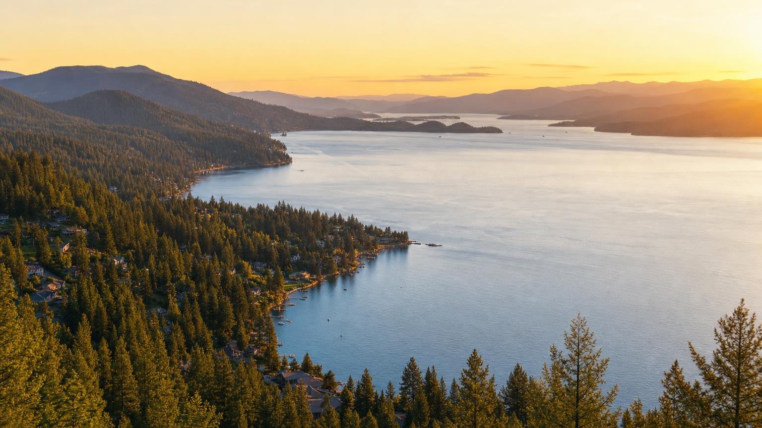 View across Kootenai County from a timbered ridge toward Lake Coeur d'Alene