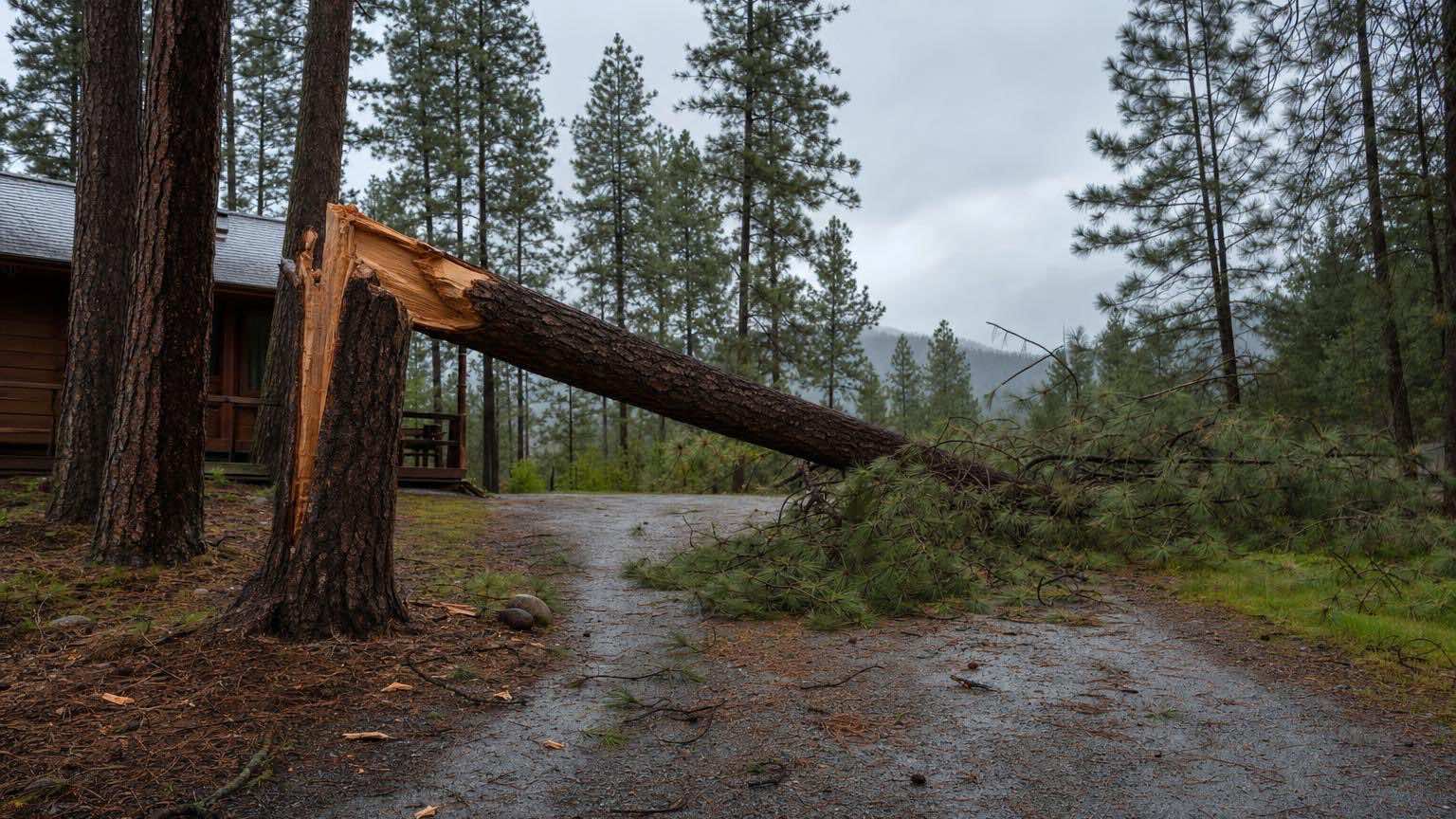 Crew clearing a storm-snapped limb from a driveway