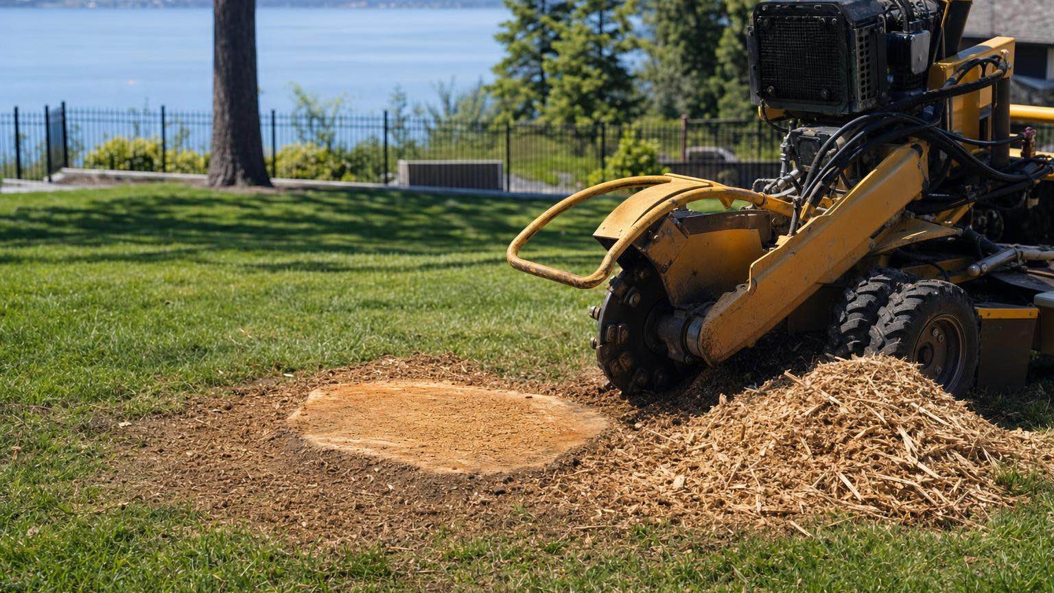 Stump grinder cutting a fresh stump below grade
