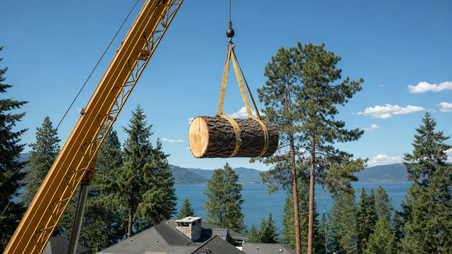 Rigged trunk section being lowered from a lakefront tree