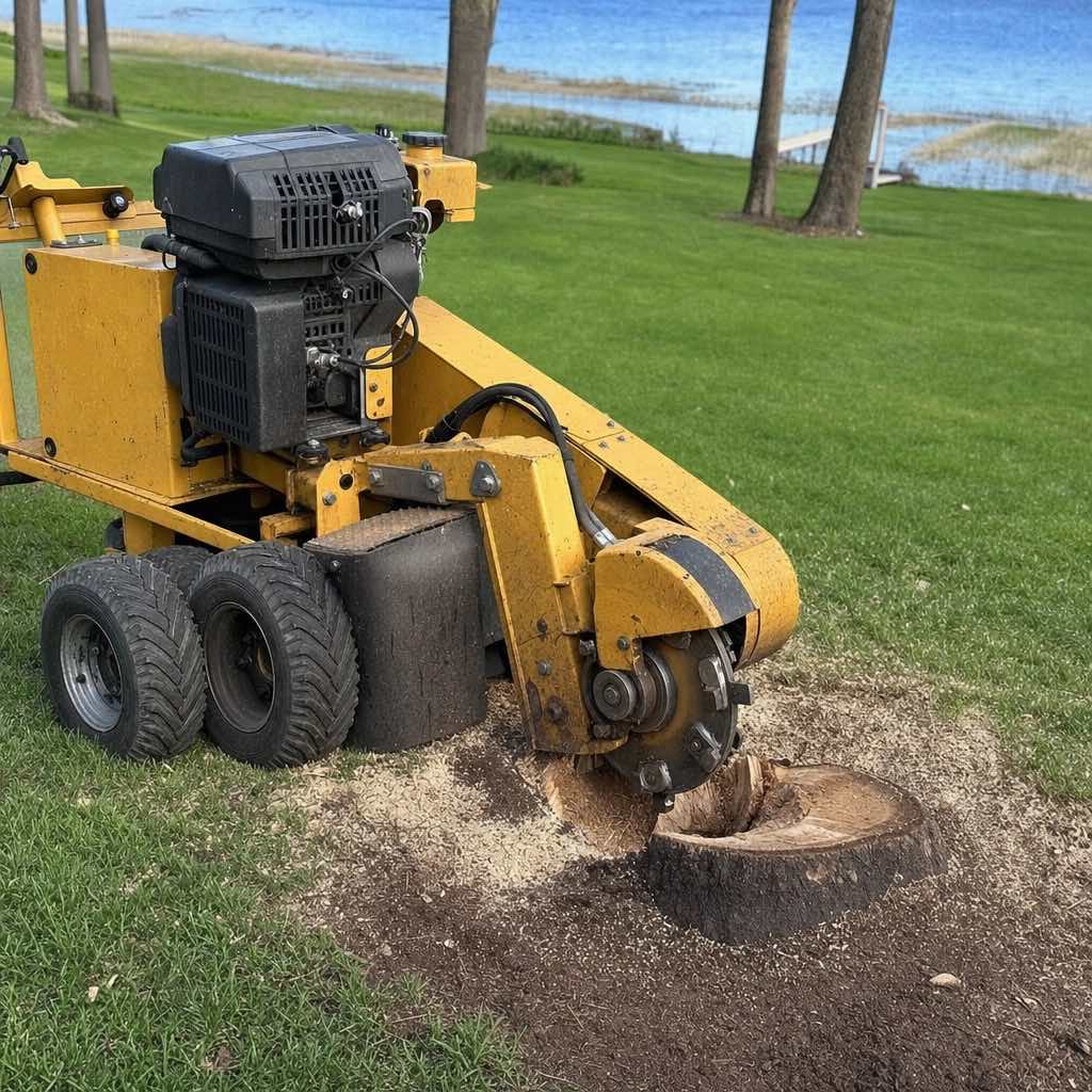 Stump grinder cutting a fresh stump below grade